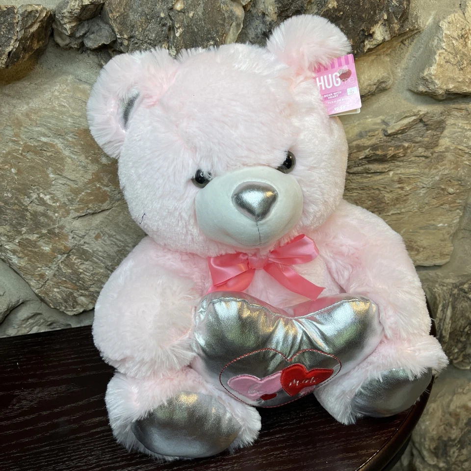 Hug Me 14” Valentines Bear Plush Pink With Silver Heart Plush Kellytoy New - Image 2 of 4