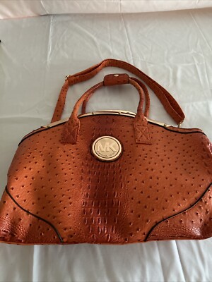 Michael Kors Exotic Full Quill Ostrich Orange Tan Hand Bag Purse Tote