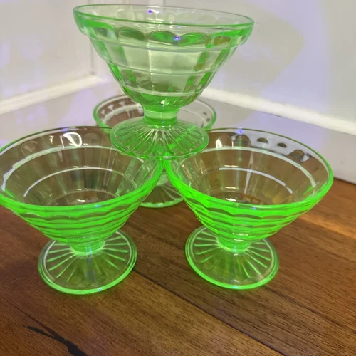 Vintage Anchor Hocking Block Optic Green Depression Glass Uranium Sherbet Cups 4