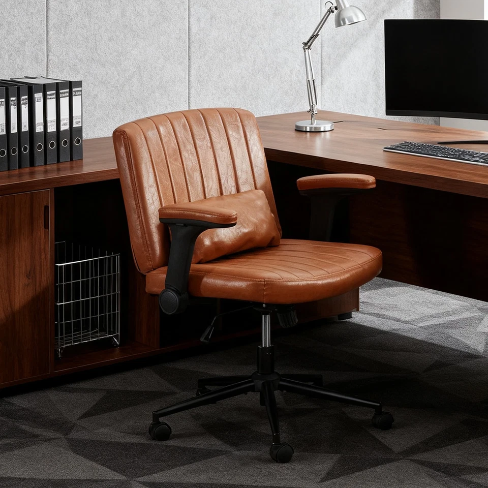 Cross Legged Office Chair Adjustable Chair with Wheel Flip-Up Arms Lumbar Pillow - Image 2 of 4