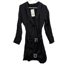 Zara Dress Womens XS Black Satin Wrap Rhinestone Buckle Ruched 3067/328/800