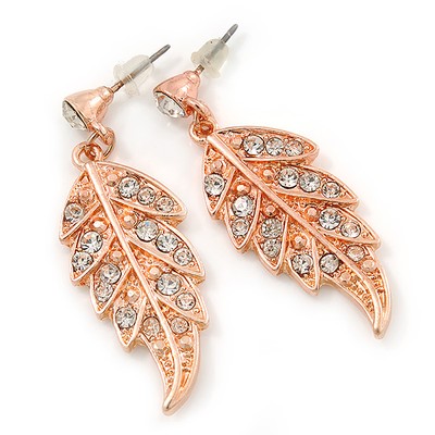 Zarte klare österreichische Kristall Blatt Ohrhänger in Roségoldfarben - 40 mm L