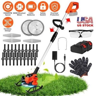 NEW Cordless Grass Trimmer Wheels Rechargeable Lawn Mower 3 Blades Adjustable