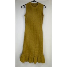 Women's M Ribbed Knit Sleeveless Midi Dress Ruffle Hem Gold Very soft