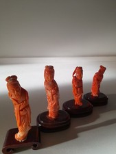 4 ANTICHE STATUINE GIAPPONESI GEISHA IN CORALLO NATURALE 
