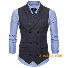 Men's Suit Vest Jacket Double Breasted Check Slim Formal Waistcoat Top Classic