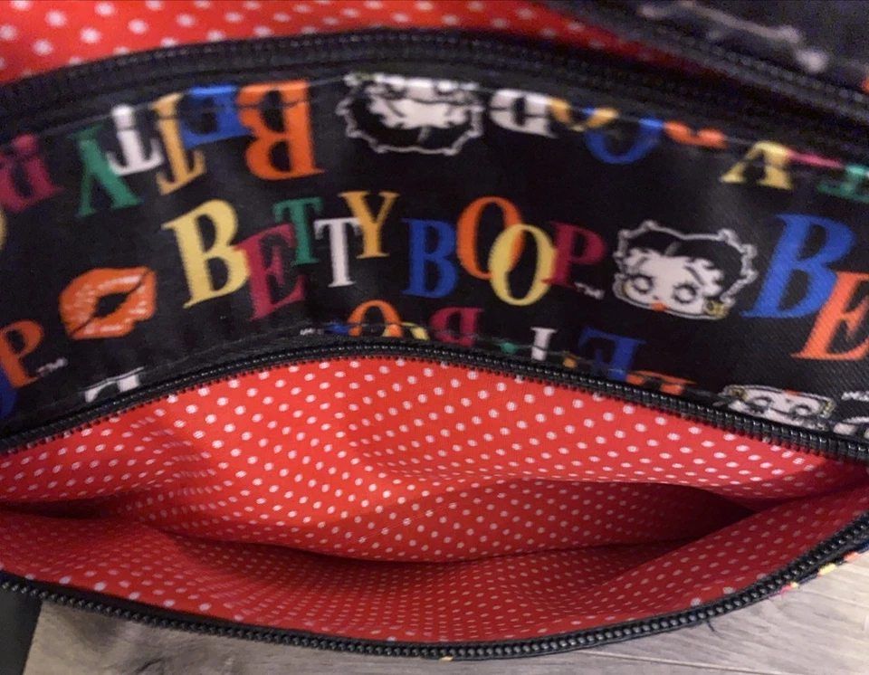 Betty Boop Shoulder Bag/Crossbody Black 4 Outer Zippers Betty Boop Words Lips - Image 4 of 4