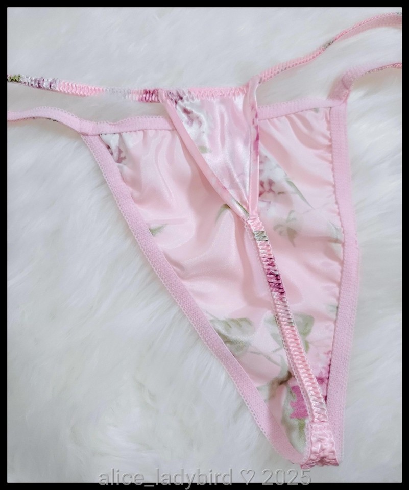 SHINY Vintage FLORAL Pink PANTIES Glossy SATIN String Bikini Thong ...