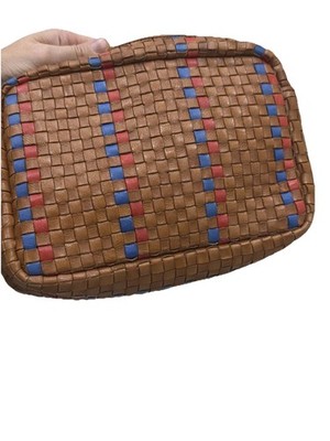 EUC Clare V. Marisol Woven Crossbody Bag Navy Red Tan Woven Check