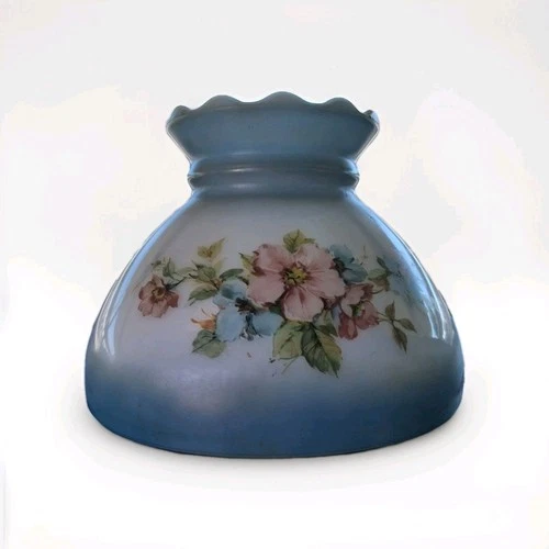 Vintage White Milk Glass Hurricane Lamp Shade w/ Blue Stained Top & Bottom Nice