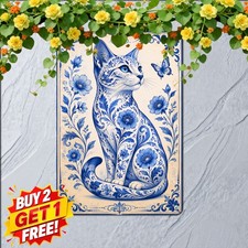 Decorative Blue Patterned Cat Wall Decor Metal Tin Sign Pet Lover Home Plaque