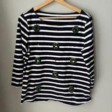 Talbots Holiday Wreath Navy And White Striped Cotton Shirt Christmas Size Medium