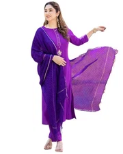 GoSriKi Women's Cotton Blend Straight Solid Kurta with Pant & Dupatta