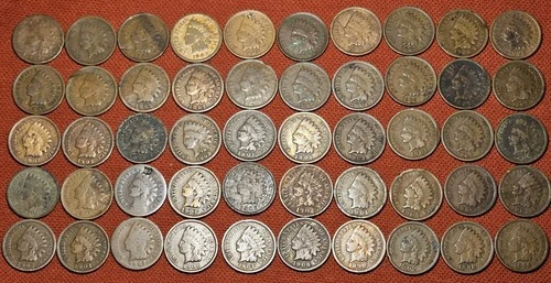 Full Roll Of 50 Indian Head Cent Copper Coins Mixed Dates Nice Roll