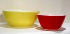 Two Retro Kitchen Mixing Bowls Vintage PYREX 404 Yellow & 402 Red - Milk Glass