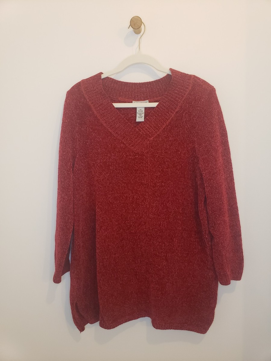 Catherines Womens SWEATER 0X Red V-Neck Tunic Chenille Soft