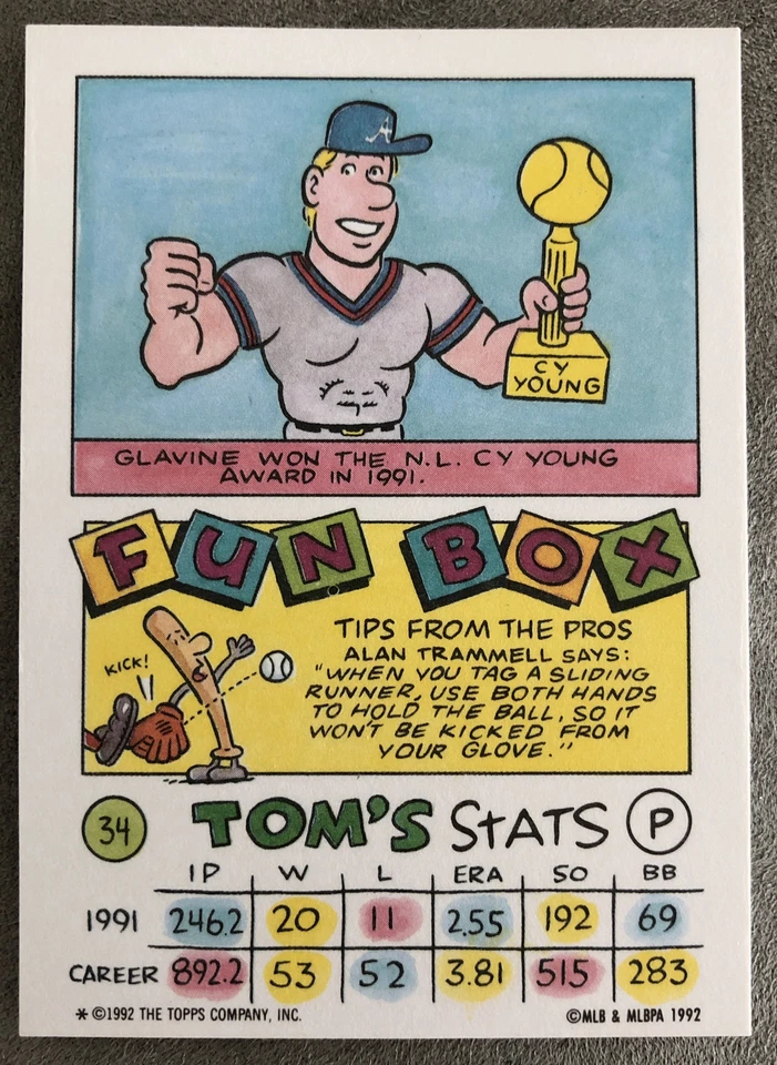 1992 Topps Kids Tom Glavine #34 Braves HOF Pitcher NM Clean, Sharp, & Centered! - Image 2 of 2