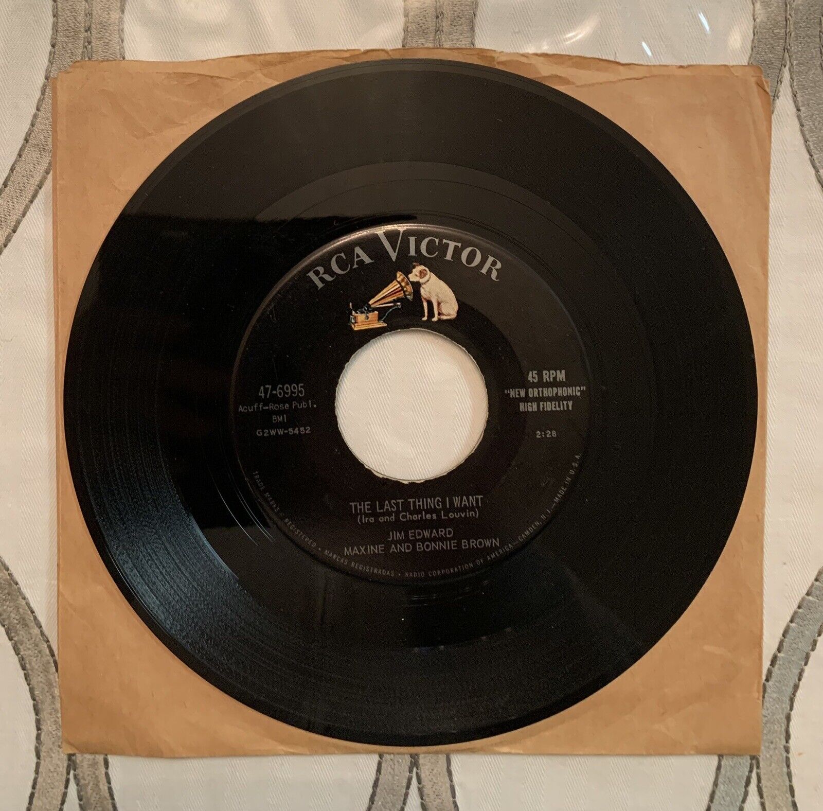 JIM ED BROWN Last Thing I Want / Bluebirds Sing 1957 Vinyl 45 Record RCA 47-6995