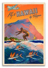 Fly to Hawaii - 1940s Vintage Surfing Travel Poster - 24x36