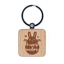 Happy Easter Bunny Egg Silhouette Engraved Wood Square Keychain Tag Charm