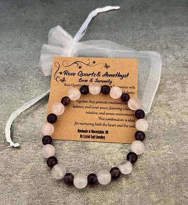 ROSENQUARZ & AMETHYST Stretch Armband Handarbeit Kristall Edelstein für die Liebe