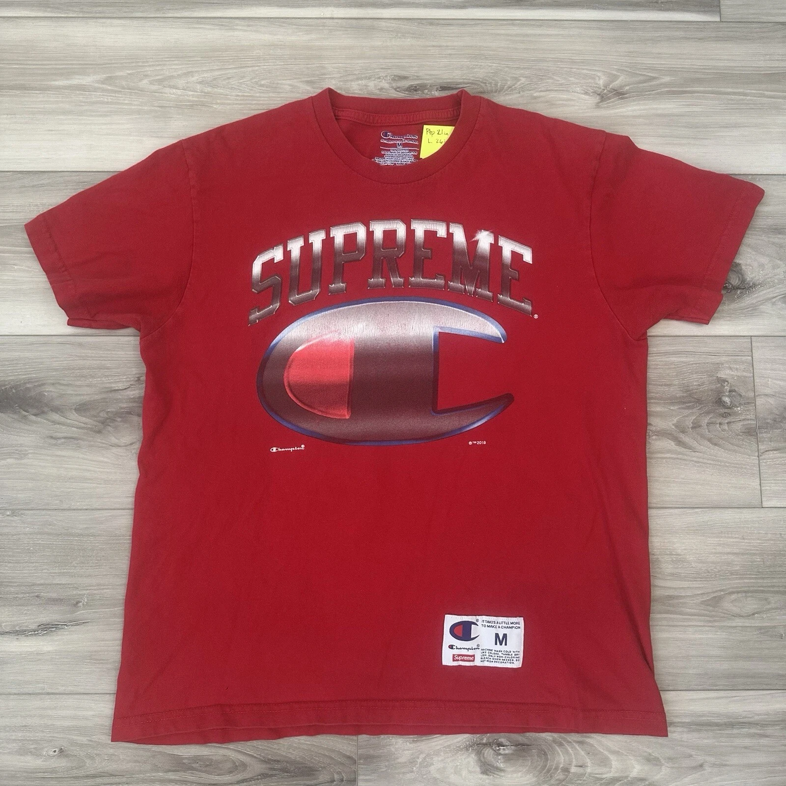 T shirt graphique Supreme Champion SS19 rouge chrome taille M légèrement vieilli