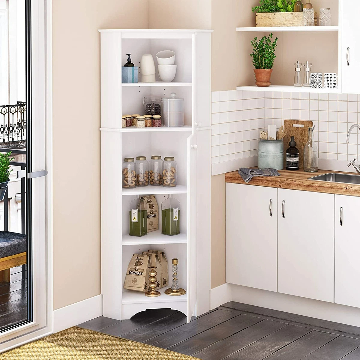 Tall Corner Storage Pantry Cabinet 2 Door Cupboard Wood White