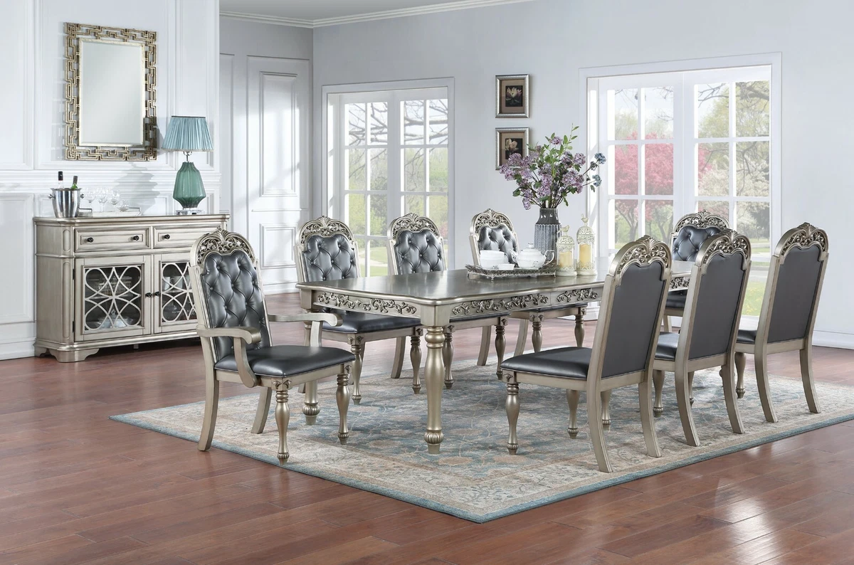 9-Piece Dining Table Set Wood Rectangular Table and 8 Dining Chairs - Natural Walnut