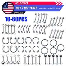 10-60Pcs Steel Nose Navel Ring Lip Tongue Eyebrow Tragus Studs Body Piercing Kit