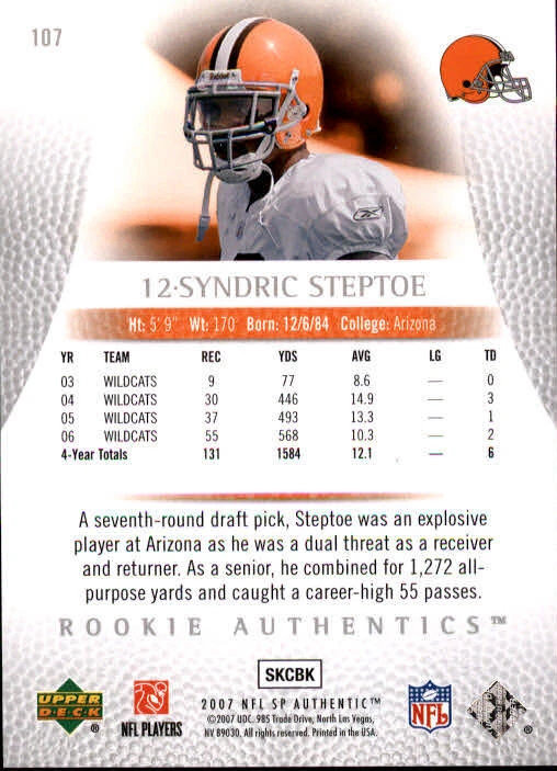 B0364- 2007 SP Authentic #107 Syndric Steptoe RC /1399 - NM-MT - Image 2 of 2