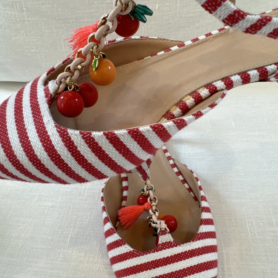 J.CREW STRIPED POINTED-TOE FLATS WITH CHAIN LINK SIZE 7.5M RED WHITE/RED FRUITS - Image 3 of 4