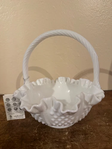 Vintage Fenton Hobnail Milk Glass Bridal Basket With Handle Large 12"W X 11"H