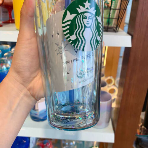 Starbucks Whale Sequin Pendant Gradient Blue Double wall Glass Straw Cup Tumbler - Picture 5 of 11