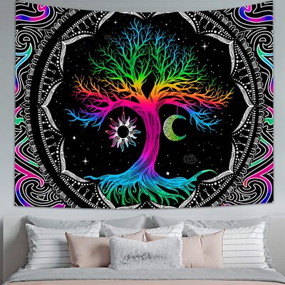 Erosebridal Tree Of Life Pillow Cover 16x16 Inch – Bohemian Sun & Moon Design, Trippy Galaxy Print – Decorative Square Pillow Case For Bedroom, Living Room, Couch