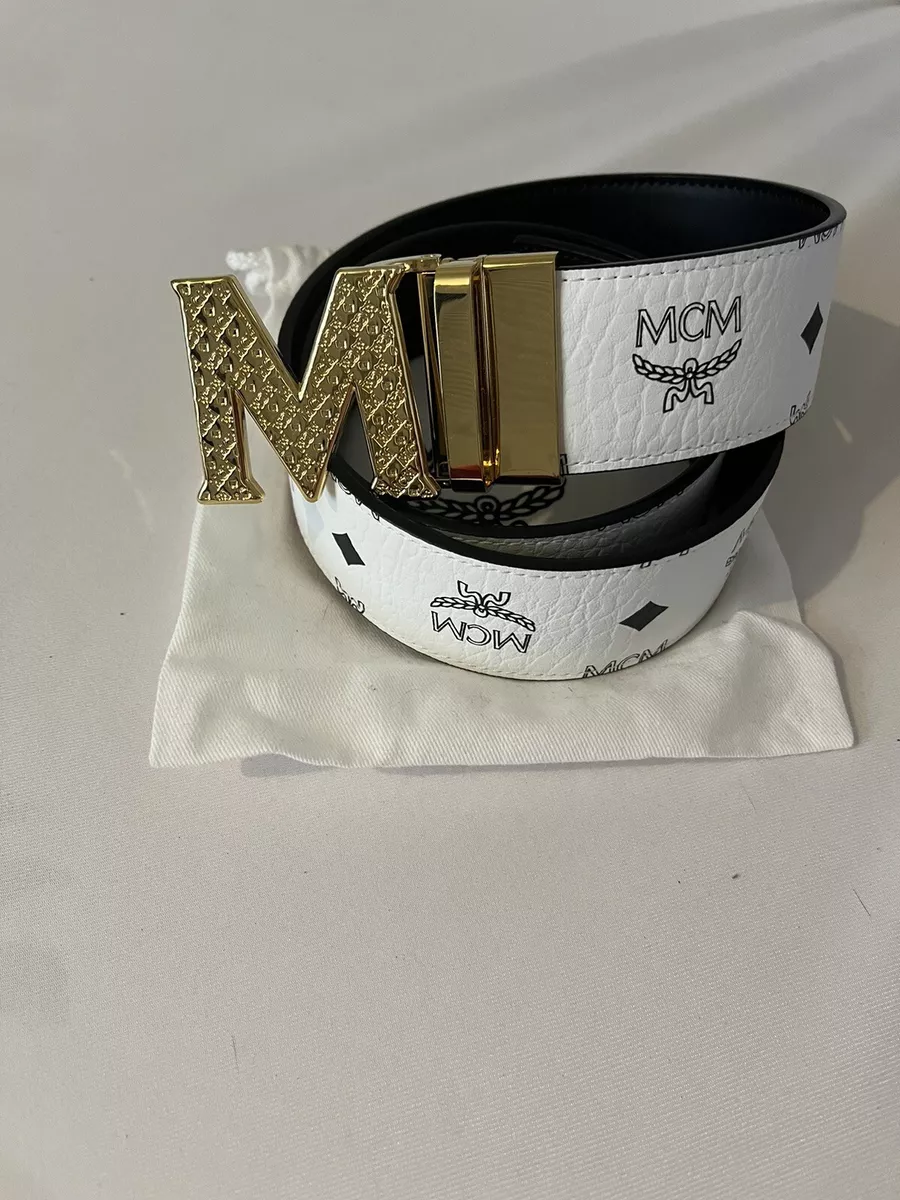 MCM Claus Reversible Silver Buckle Belt in White