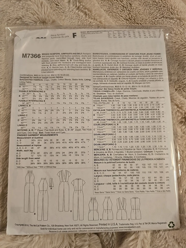 MCCALLS PATRÓN 7366 MONOS MAMELUCOS FALTAN TALLAS 6 8 10 12 14 SIN CORTAR Foto 2 de 2