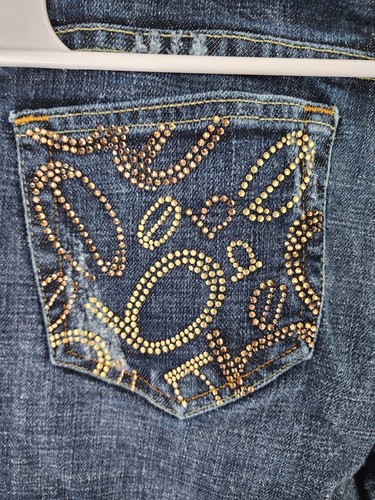 BEBE Carmen Tossed Logo Jeans Womens 28 Dark Wash Straight Leg Rhinestones - Picture 6 of 13