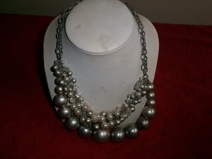 Vintage silver plated round balls/ faux pearls 2 strand necklace