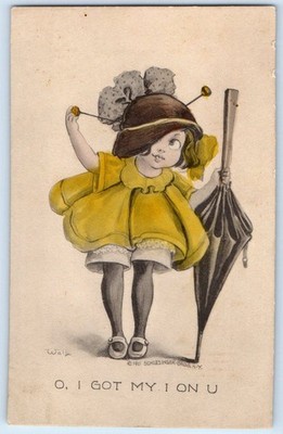Child Girl With Hat Umbrella O I Got My I On U Wall Signed Artist Postcard