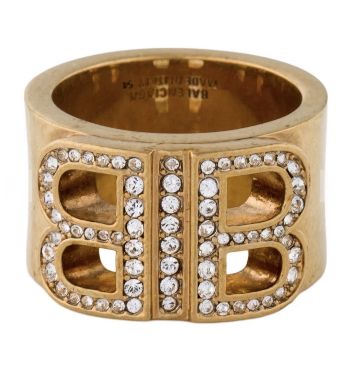 NEW Balenciaga BB 2.0 Crystal Ring Size 52 Gold Tone Logo Ring NWT