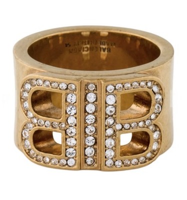 NEW Balenciaga BB 2.0 Crystal Ring Size 52 Gold Tone Logo Ring NWT