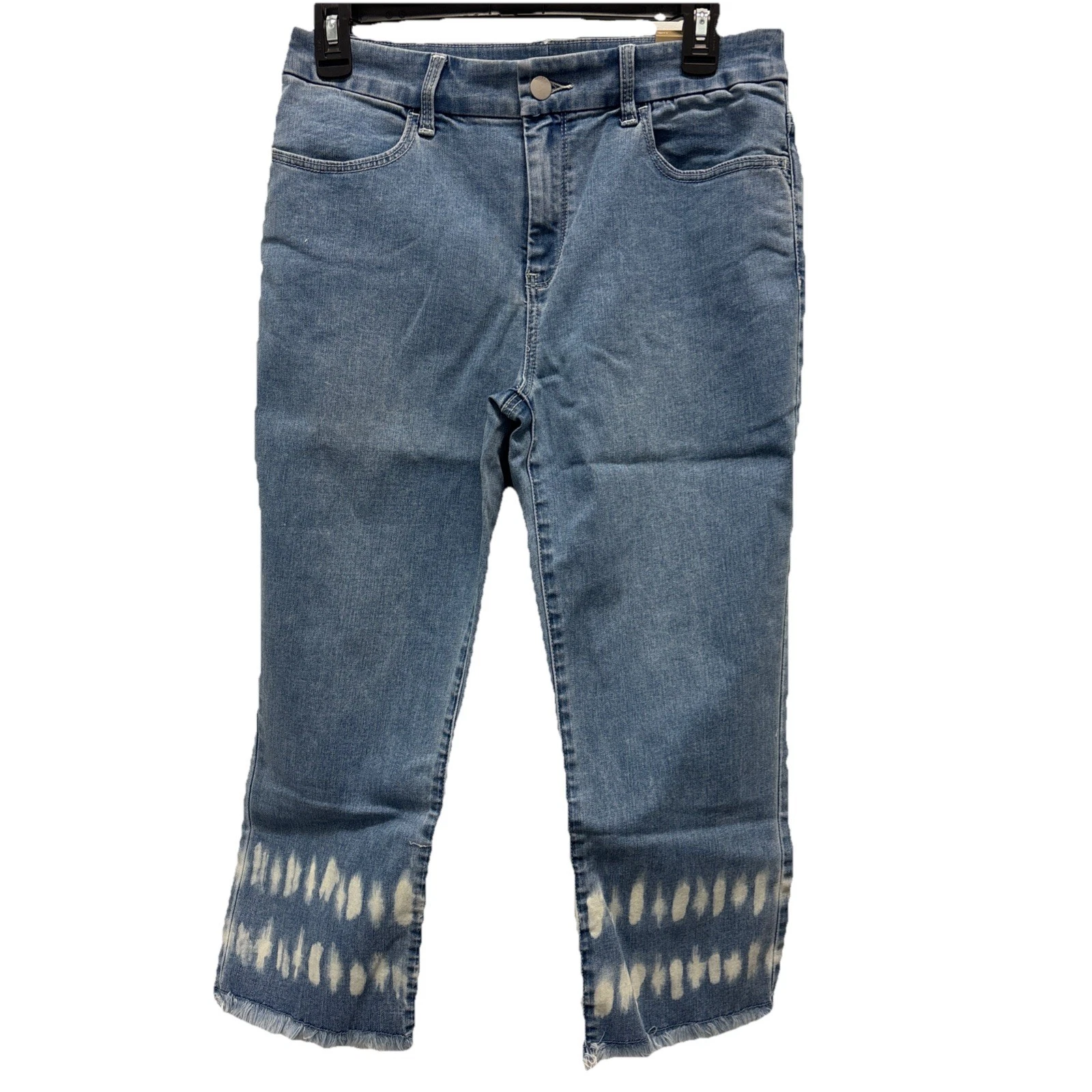 NWT Chicos Size 0.5 US 6 Perfect Stretch Girlfriend Capri Jeans Tie Dye Fringe