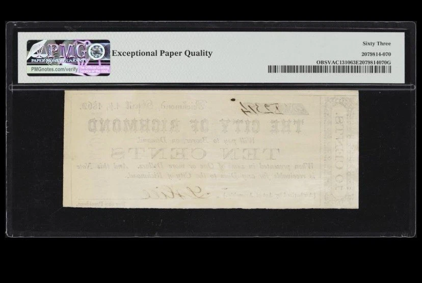 1862 VIRGINIA RICHMOND, 10c City Civil War Obsolete BankNote Currency, PMG 63 - Image 2 of 4