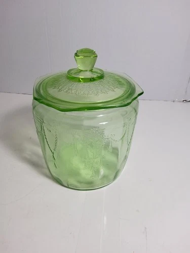 Vintage Green Depression Glass Covered Jar | Candy Dish w Lid | Floral...
