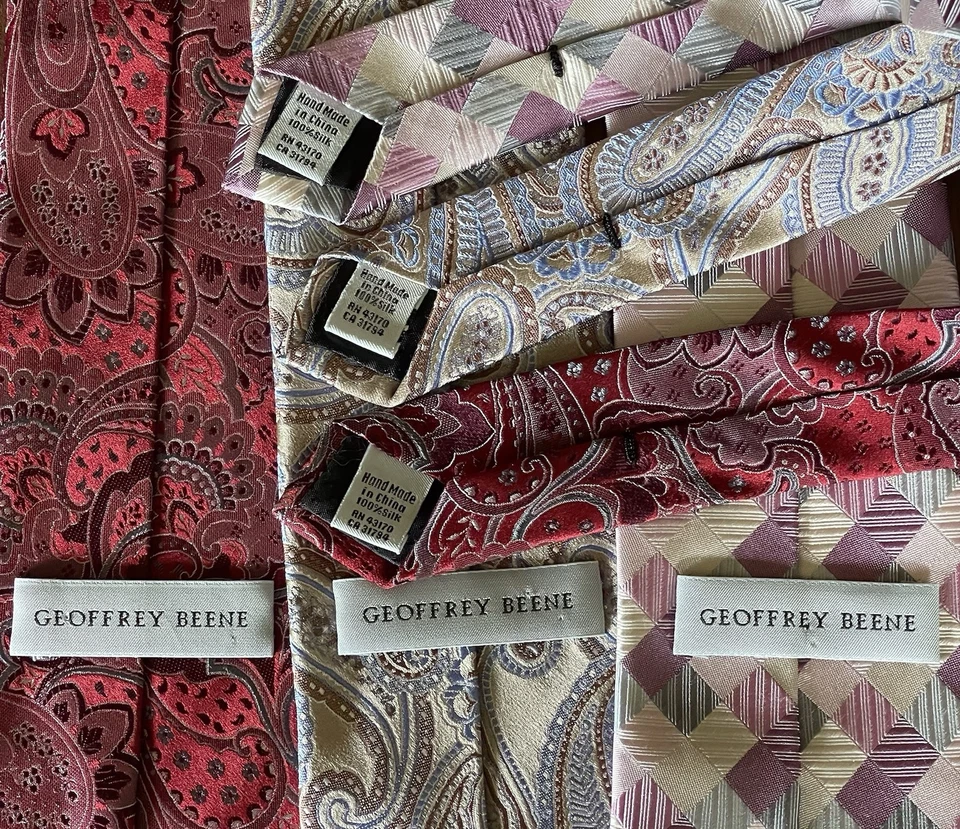 "Corbatas hechas a mano de seda Geoffrey Beene - 3 hermosos patrones - rojo azul púrpura 3 1/2""" Foto 2 de 4