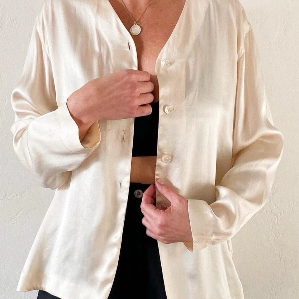 Vintage Rena Rowan 100% Silk Blouse Fairy Core Size 12 Button Up Ivory Y2K  - Image 3 of 4