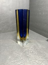 Alessandro Mandruzzato Sommerso Rectangular Faceted Vase Blue Amber Murano