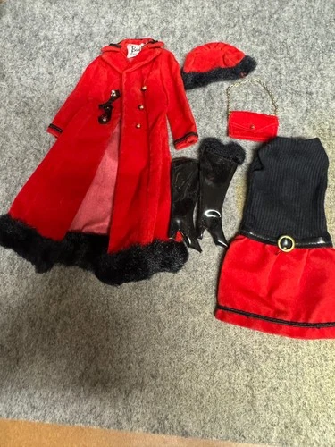 Vintage Barbie 6 Piece Red Velveteen Cloth Coat and Dress Outfit 1960s