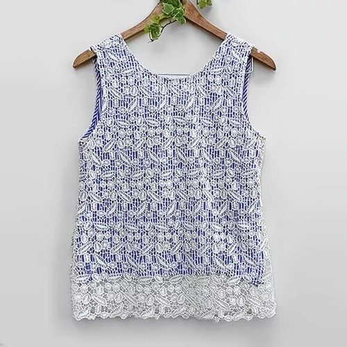 Solitaire Crochet Lace Nautical Blue Stripes Rayon Sleeveless Top XL
