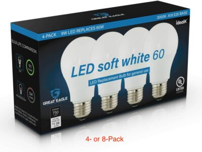 Great Eagle A19 LED Light Bulb, 60 Watt, Soft White 3000K, 800 Lumens, UL Listed